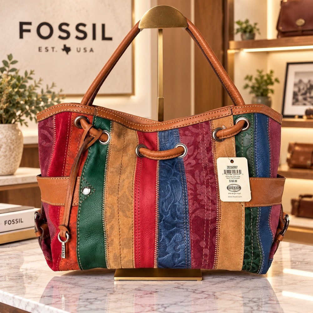 Fossil Patchwork Leather Tote Shoulder Hobo Bag Vintage Castile Multi NWT